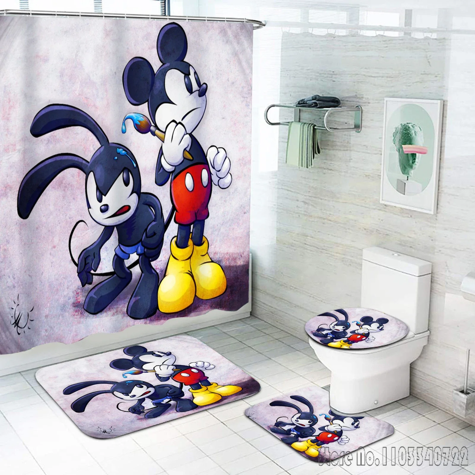 Disney Mickey Minnie Mouse Anime Bath Shower Curtain Set 4pcs with Hooks Waterproof Bathroom Toilet Mat Lid Decor