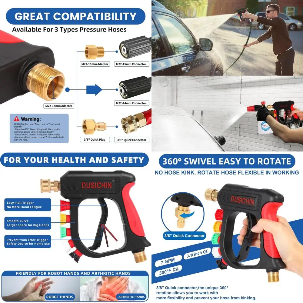 

Foam Cannon Short Pressure Washer Gun 1/4 Inch Quick Connector,Car Wash Foam Gun with 5 Pressure Washer Nozzle Tips 3/8'' Swivel