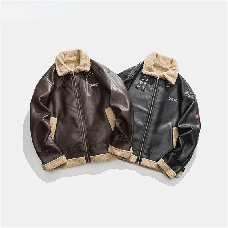 

Men Leather Jacket High Quality Autumn Winter Thick Warm Outwear Turn-Down Collar England Style Coat