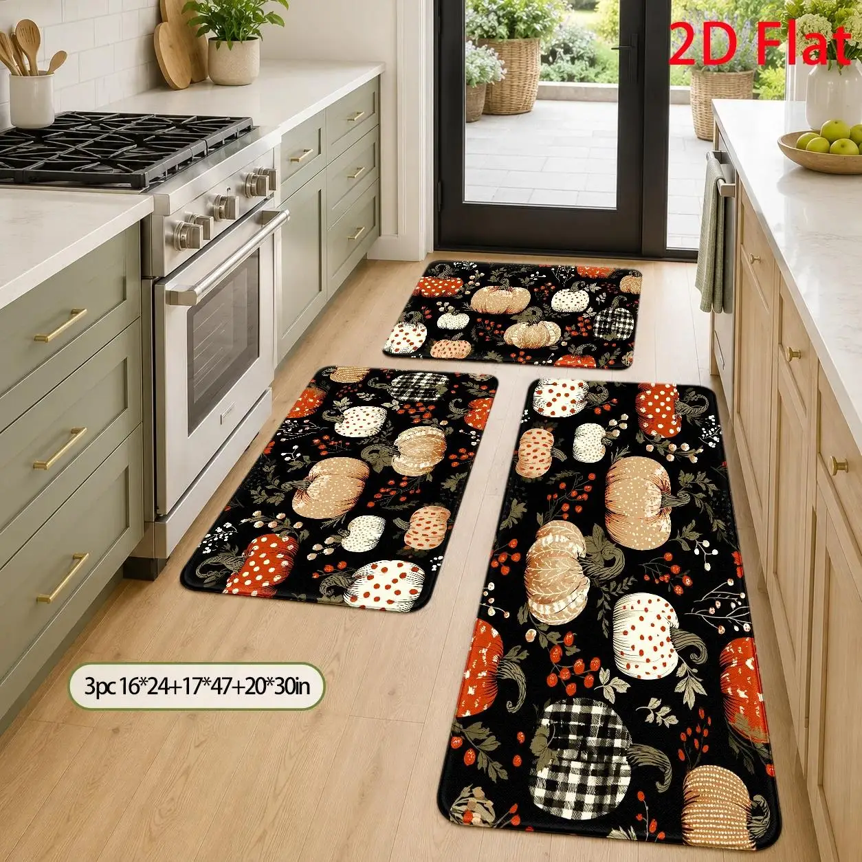 1pc, 2pcs, 3pcs, 2D Flat Kitchen Floor Mat Set, Pumpkin Patterned Floor Rug, Autumn Harvest Design, Festive Halloween Decor, Easy-To-Clean Decorative Kitchen Mat, Suitable for Kitchen, Bathroom, Laundry Room, Dining Room