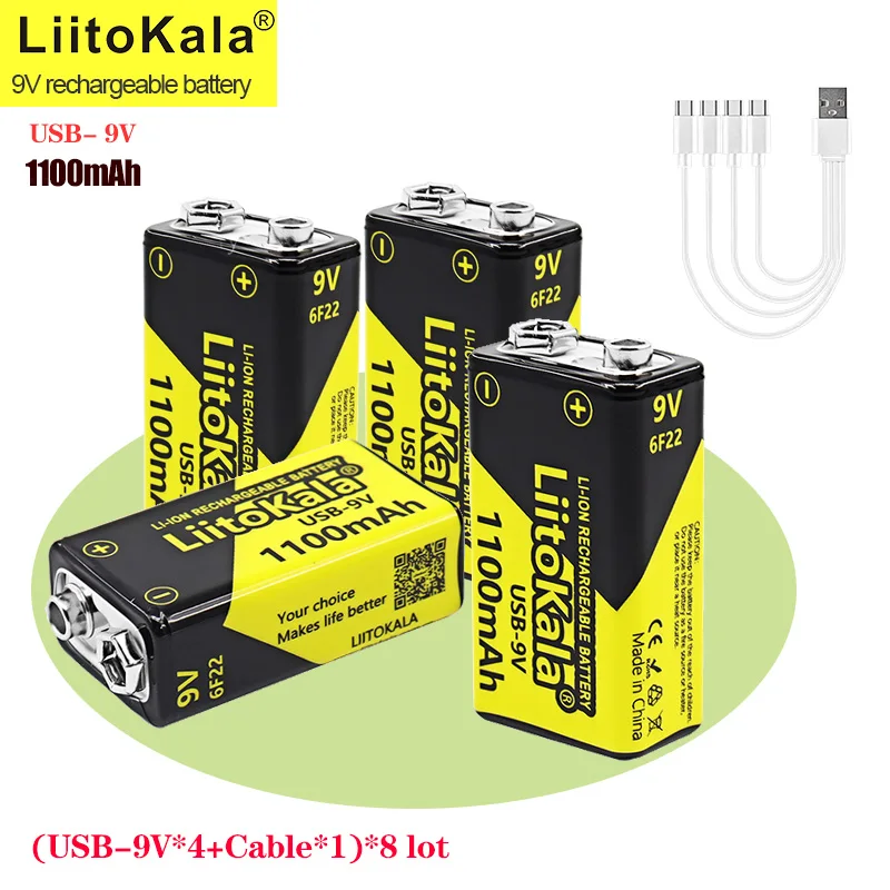 

Литиевые аккумуляторы LiitoKala 9 В Type-C USB, аксессуары для мультиметра, микрофона, игрушек, пульта дистанционного управления, KTV, литий-ионные батареи (USB-9V * 32 + кабель * 8)