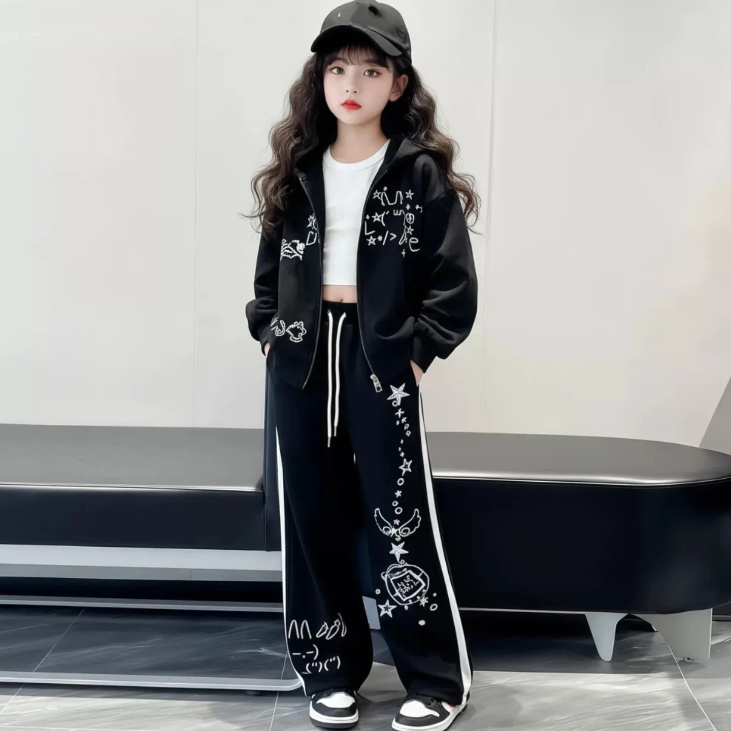 New Gilrs Autumn Winter TeenS Cloth Print Striped Children Set Jacket Hooded Top + Wied Leg Pant Tracksuit 4 10 12 14 Year