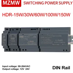 Mzmw産業用DINレールスイッチング電源、hdr、15w、30w、60w、100w、150w、100-240v、ac、dc、12v、24v超薄型ステップタイプトランス