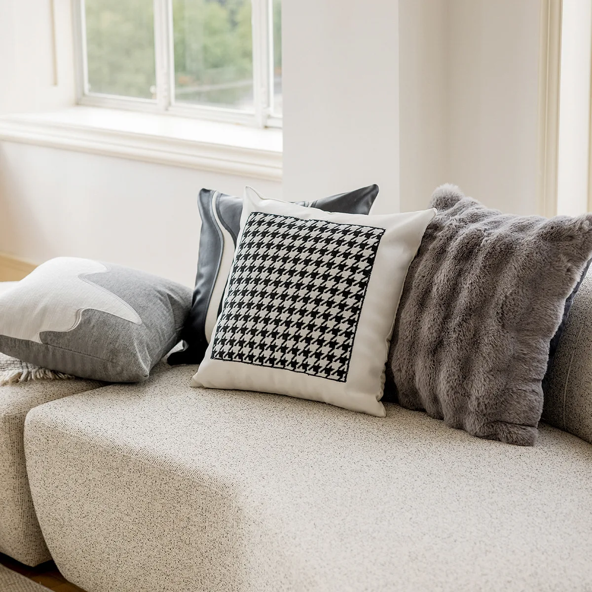 black white grey simple embroidered cushion cover Houndstooth pillowcase decorative black pu leather pillow cover for backrest