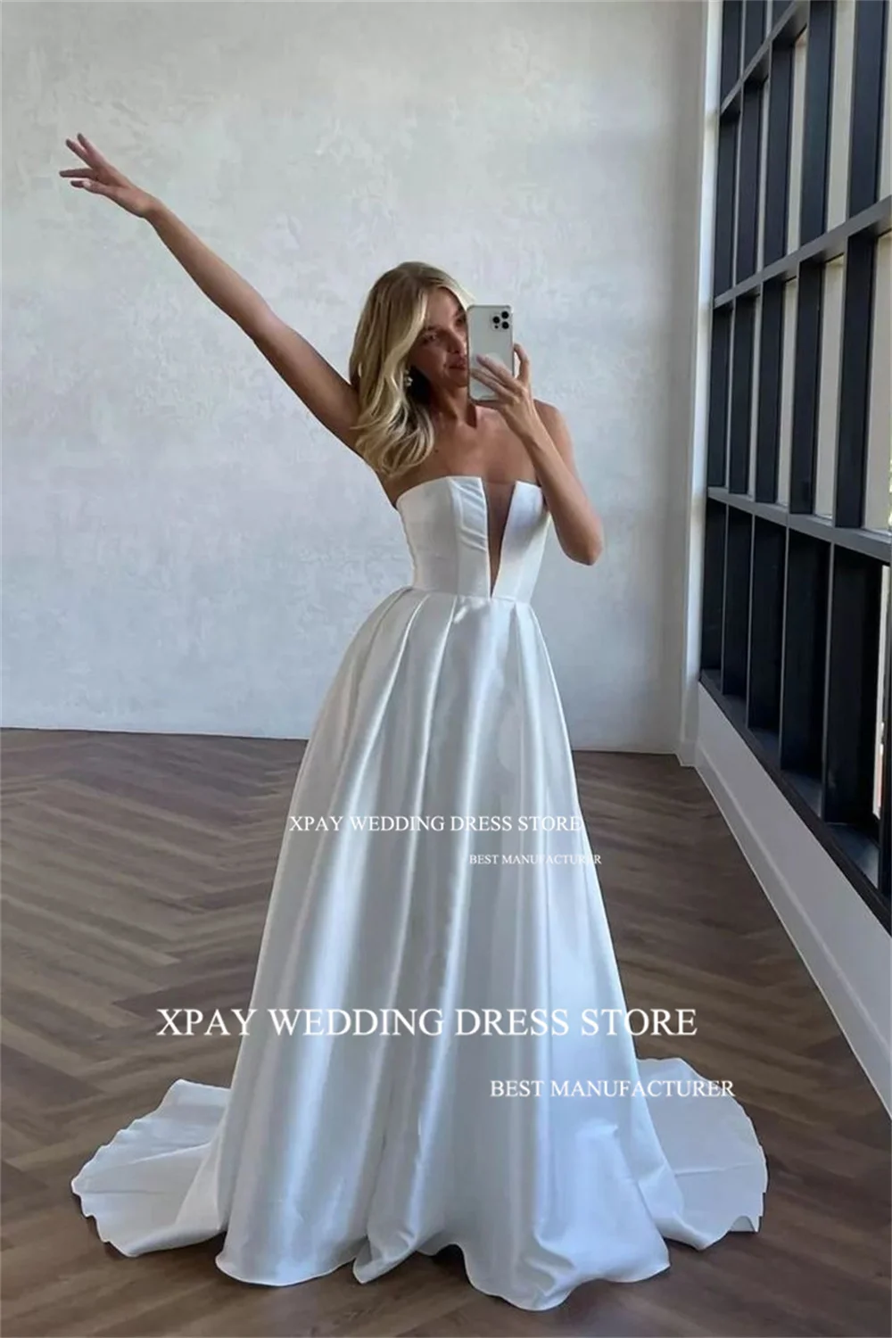 XPAY Sexy Deep V Neck Satin Wedding Dresses Draped Strapless High Split Bride Gown Customised Strapless A Line Beach Bridal Gown