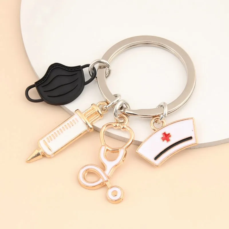 Creative Medical Nurse Keychain Enamel Stethoscope Syringe Egg Charm Key Ring for Women Bag Pendant Worker Doctor Jewelry Gift