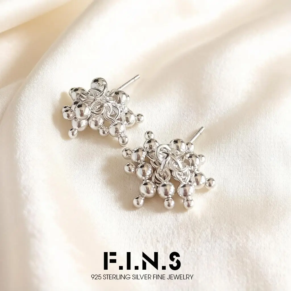 F.I.N.S Original Korean Style S925 Sterling Silver Handcrafted Cluster Stud Earrings Bead Balls Piercing Ear Studs Fine Jewelry