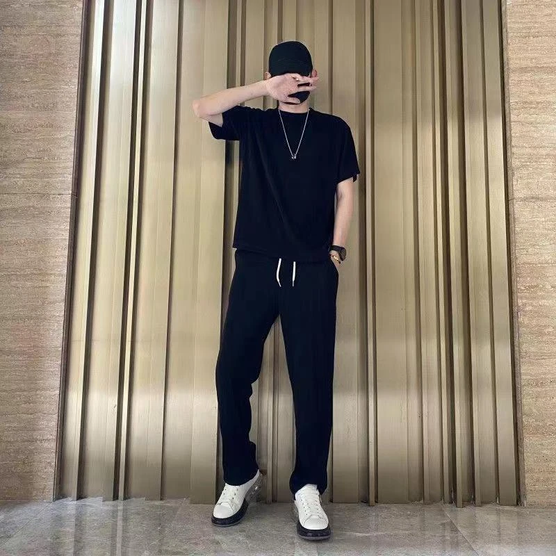 Stretch Brown T-shirts Pants Suits for Men Plain No Logo Smooth Cool Man Trousers Sets Korean Two Piece Set Short Quarter Sleeve