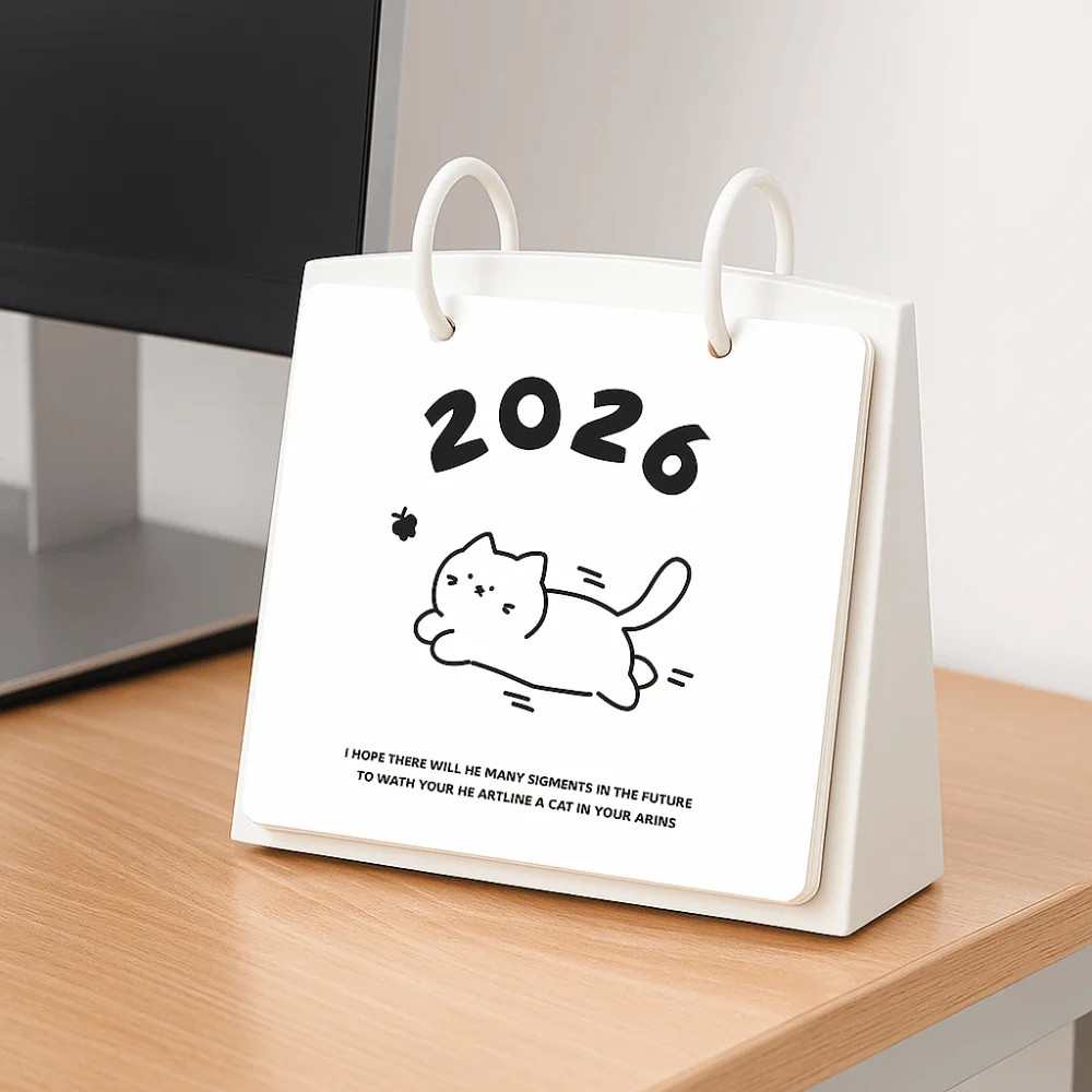홈 장식 플라스틱 2026 데스크탑 캘린더 고양이 패턴 휴대용 스탠딩 플립 캘린더 만화 안정적인 베이스 테이블 플래너 학교