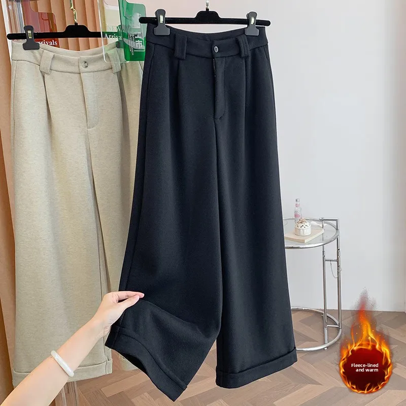 Pantaloni a gamba larga da donna nuovi invernali Pantaloni casual larghi foderati in lana Fce Pantaloni lunghi dritti Faion con risvolto