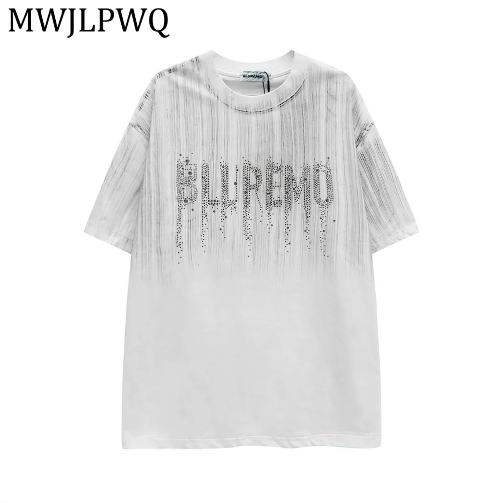 

MWJLPWQ Graffiti Splatter Ink Rhinestone Distressed Short-Sleeve T-Shirt Men Casual Loose Fit Round Neck Cotton Top Summer 16435