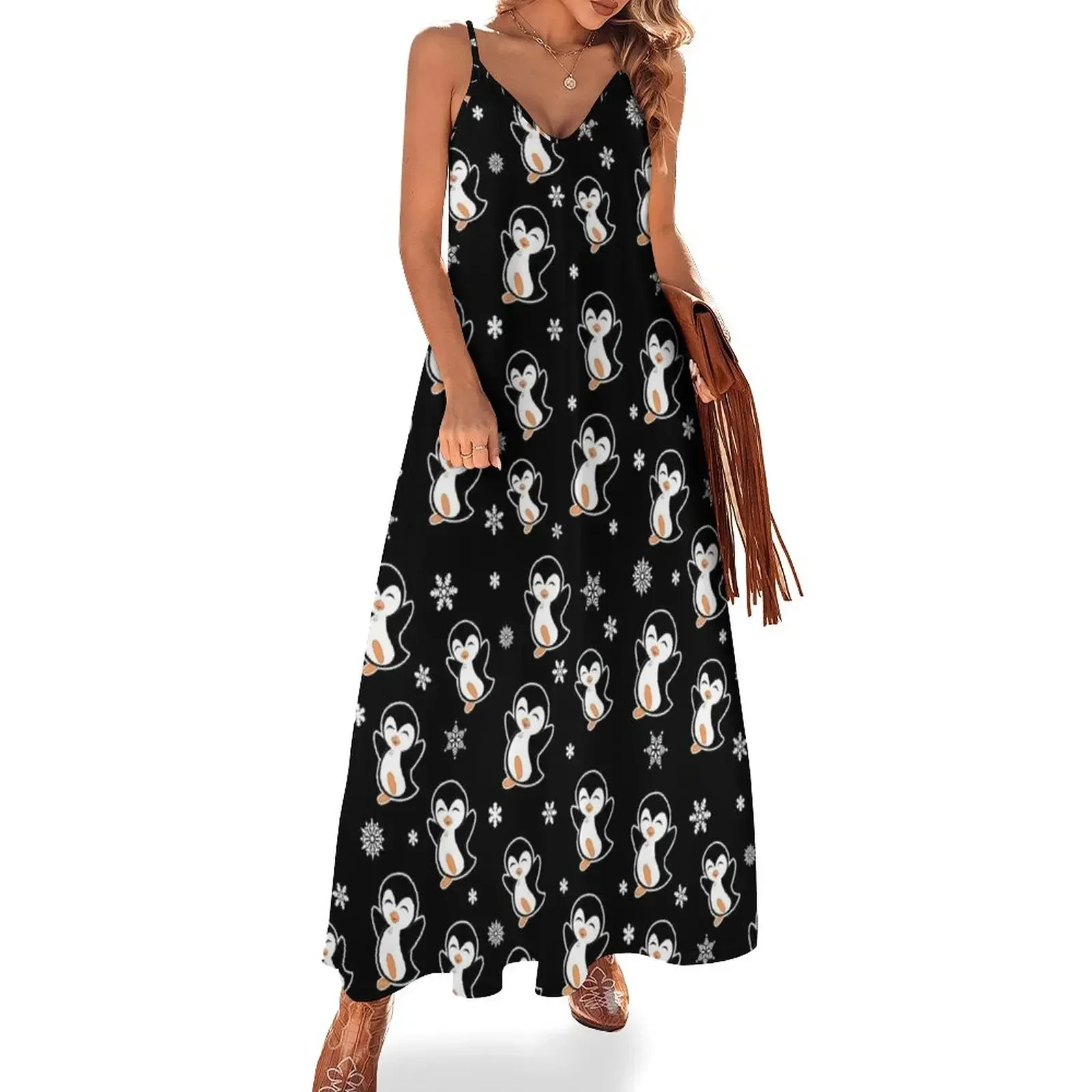 Cute Penguins And Snowflakes Sleeveless Dress loose women's dress dress for woman