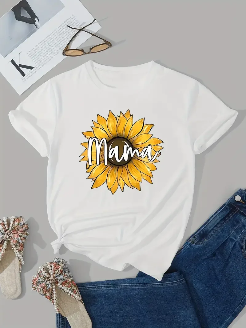 

Sunflower Mama Printed Short Sleeved Casual Women's Fashion Women's Pattern T-shirt women's printed summer T-shirt