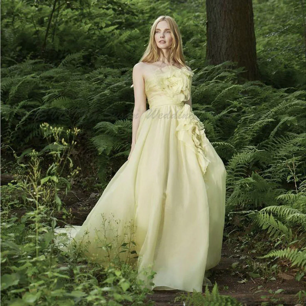 Yellow Evening Dress Women Strapless Sleeveless A Line Alliques Flowers High Quality Floor Length Banquet Party Gowns Classic