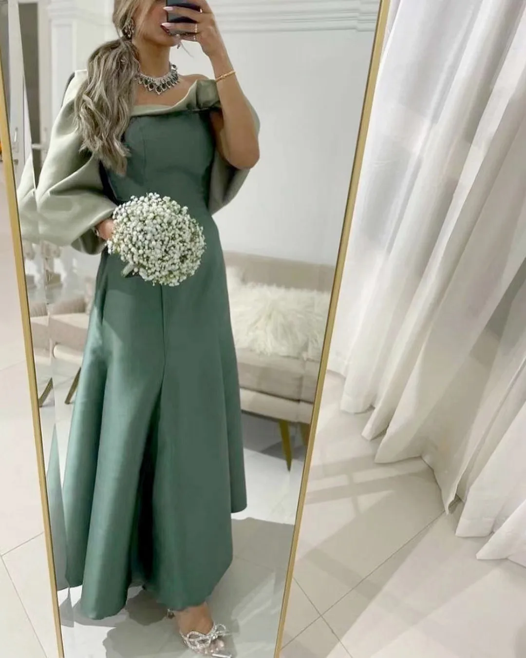 Gaun Prom Arab Saudi satu bahu A-Line hijau gaun Formal panjang sepergelangan kaki Satin Ruffle untuk wanita 2023