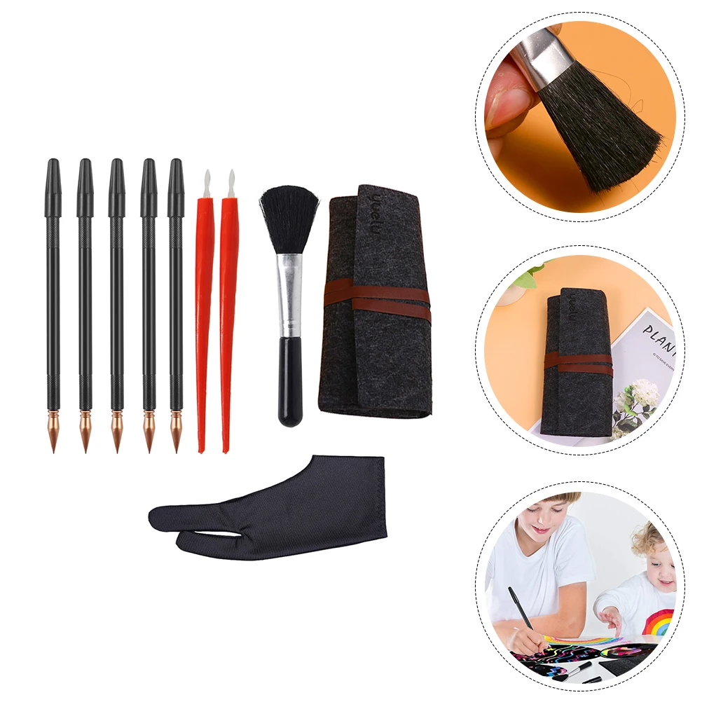 10 pcs Scratching Drawing Tools Set 10 Pens Red Scraper Black Brush Storage Bag Portable Painting Kids Adults Teaching