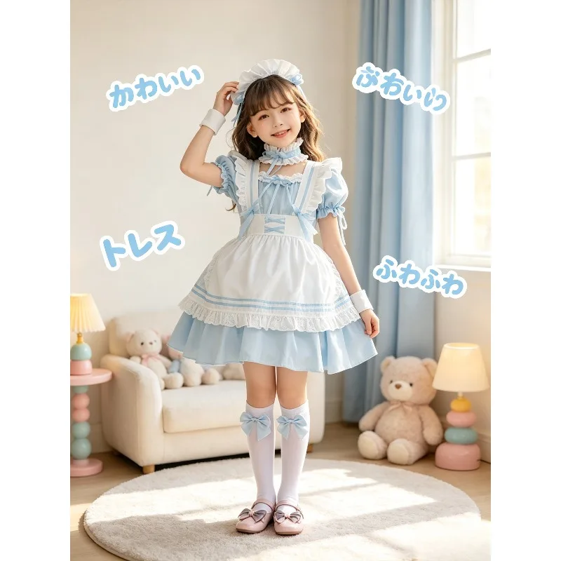 Blaues Lolita-Dienstmädchenkleid für Mädchen, Niedliches Prinzessinnenkleid, Vintage-Kostüm für Kinder, Süßes Rollenspiel-Bühnenoutfit für Partys