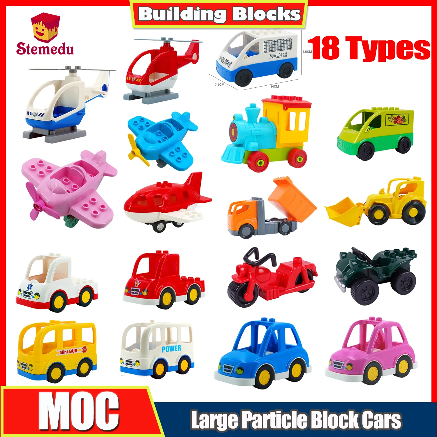 

Большие строительные блоки, транспортные средства, автомобиль, автобус, лодка, модели мотоциклов, городской трафический кирпич, совместимый с Duplos