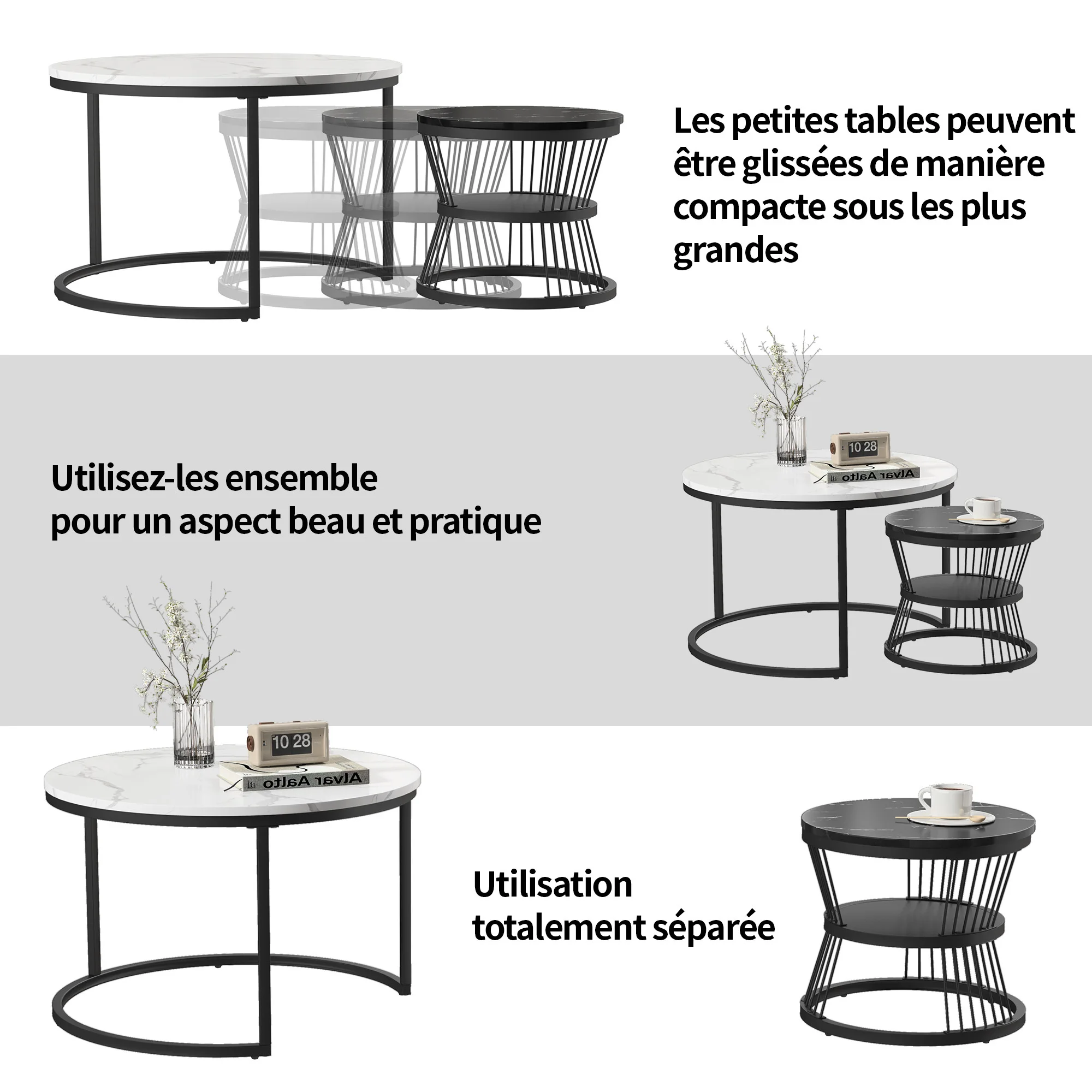 Okrągły stolik kawowy, zestaw 2-suwowych nowoczesnych stolików kawowych ze sztucznym marmurowym blatem, czarna metalowa rama Czarno-biały stół do