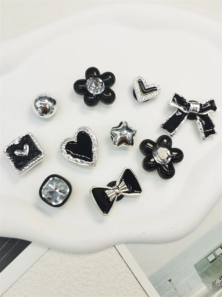 

1PC ABS Black Series Rhinestone Square Bow Shoe Charms Buckles DIY Clog Accessories Decorations Fit Women Bubble Slides Slipper