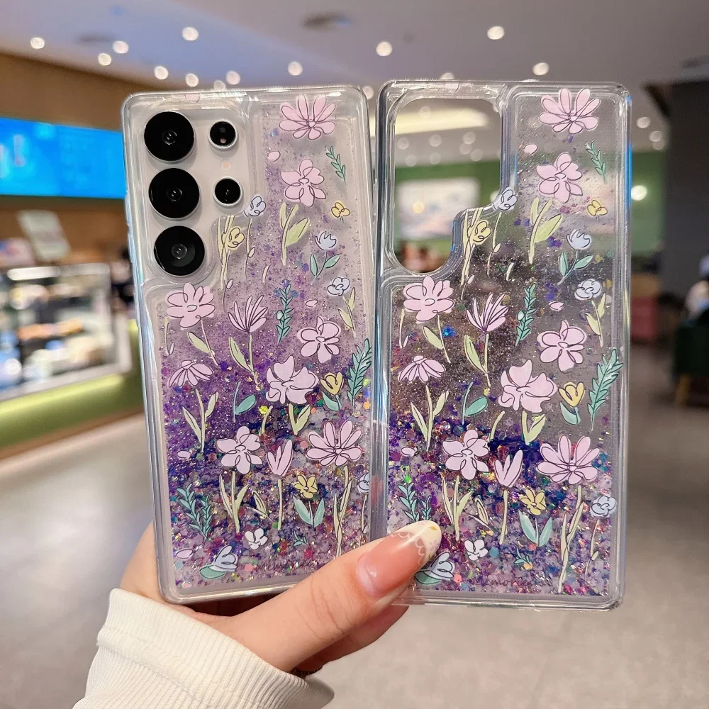 

Purple Flowers Quicksand Phone Noctilucent Case For Samsung Galaxy S22 S23 S24 S25 Ultra Plus Glitter Shockproof Silicone Cover
