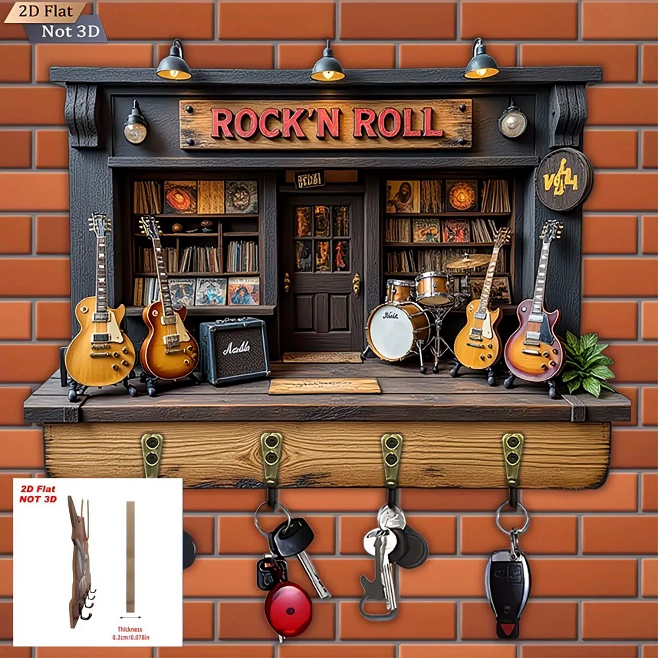 Rock 'n' Roll Gitarrenladen Schlüsselhalter, 2D Flachdruck Wandmontierter Schlüsselhalter mit 4 Haken, Musikliebhaber Heimdekoration Schlüsselorganizer – Detail 2