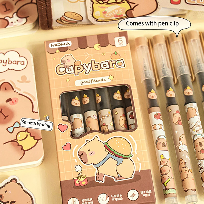 6 Stuks Kawaii Capybara Gel Pennen Schrijven Gladde Zwarte Inkt Pennen Kantoor Accessoires School Student Leraar Geschenk Esthetische Briefpapier