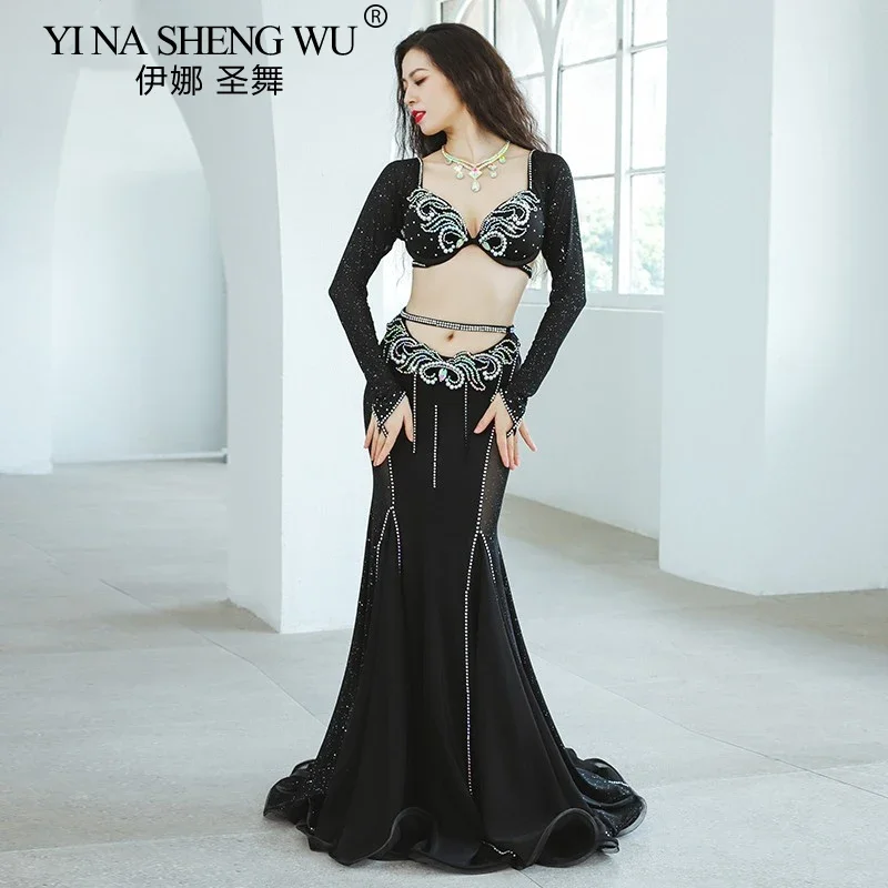 새로운 밸리 댄스 공연 의상 블랙 긴 소매 중공 피쉬 테일 스커트 여성 전문 경쟁 공연 댄스 세트
