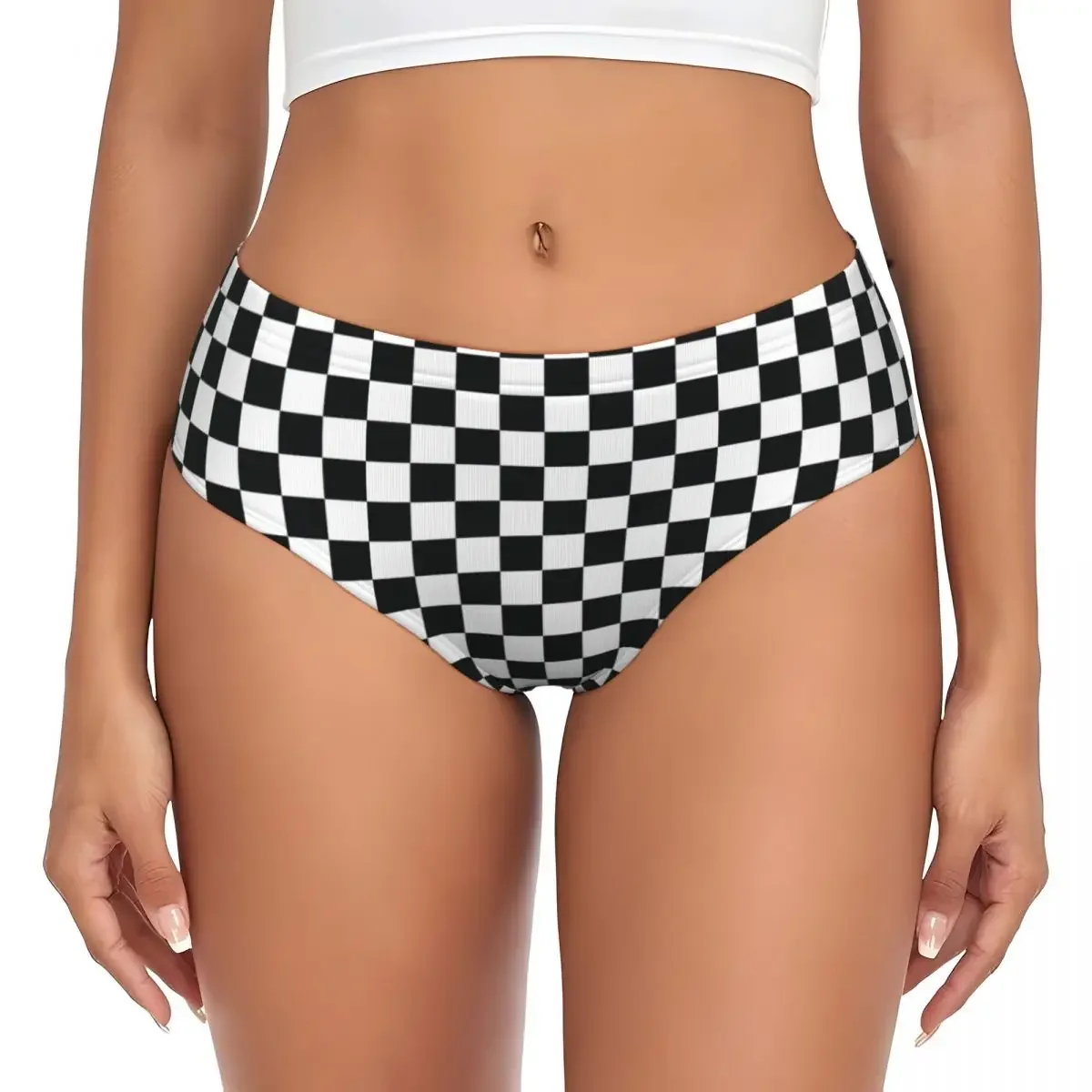 

Custom Black White Checkered Plaid Grid Brief Panties for Women Comfort Stretch Underwear