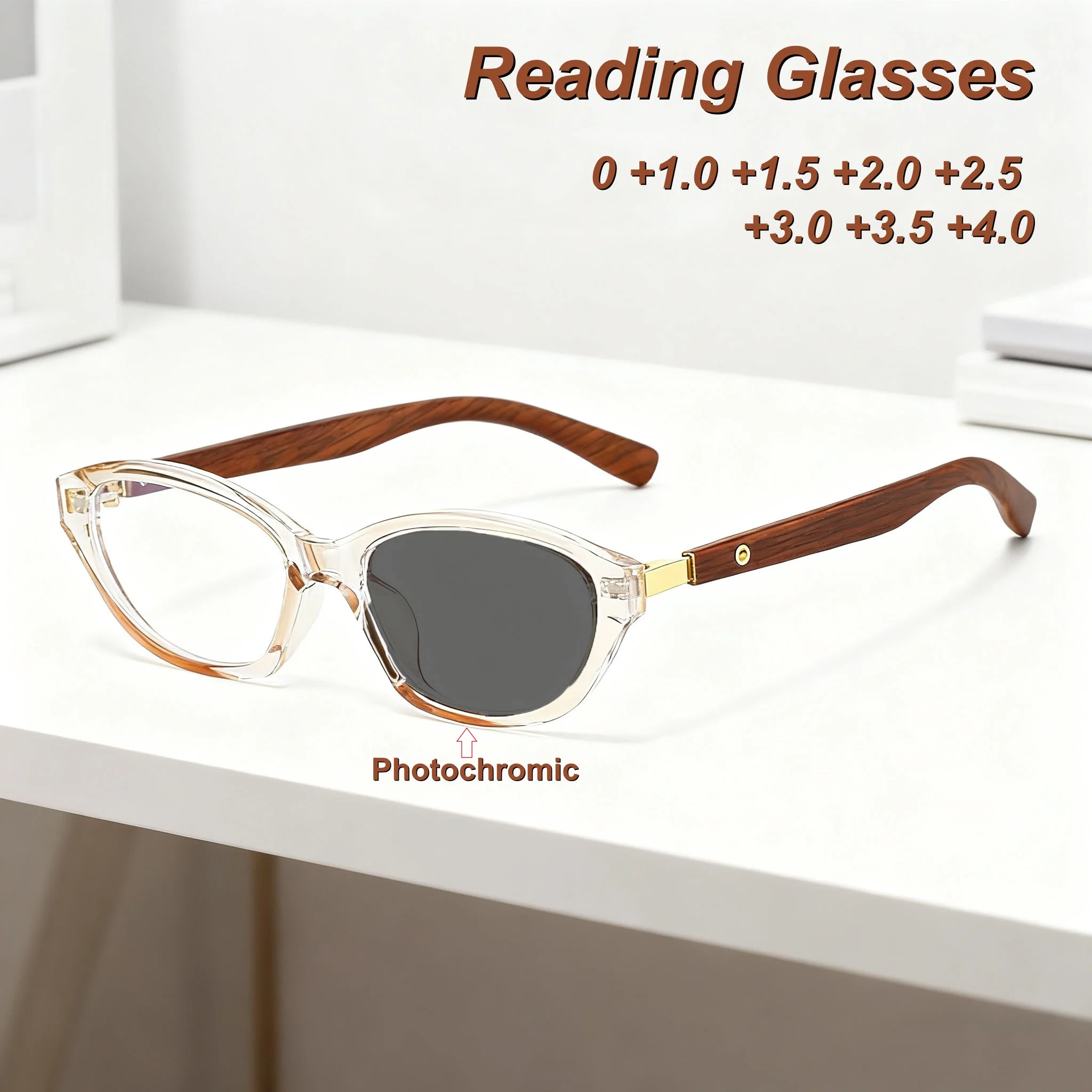 

Fashionable and Personalized Cat Eye Photochromic Women's Reading Glasses Retro Neutral Wood Grain Leg Anti Blue Light Glasses