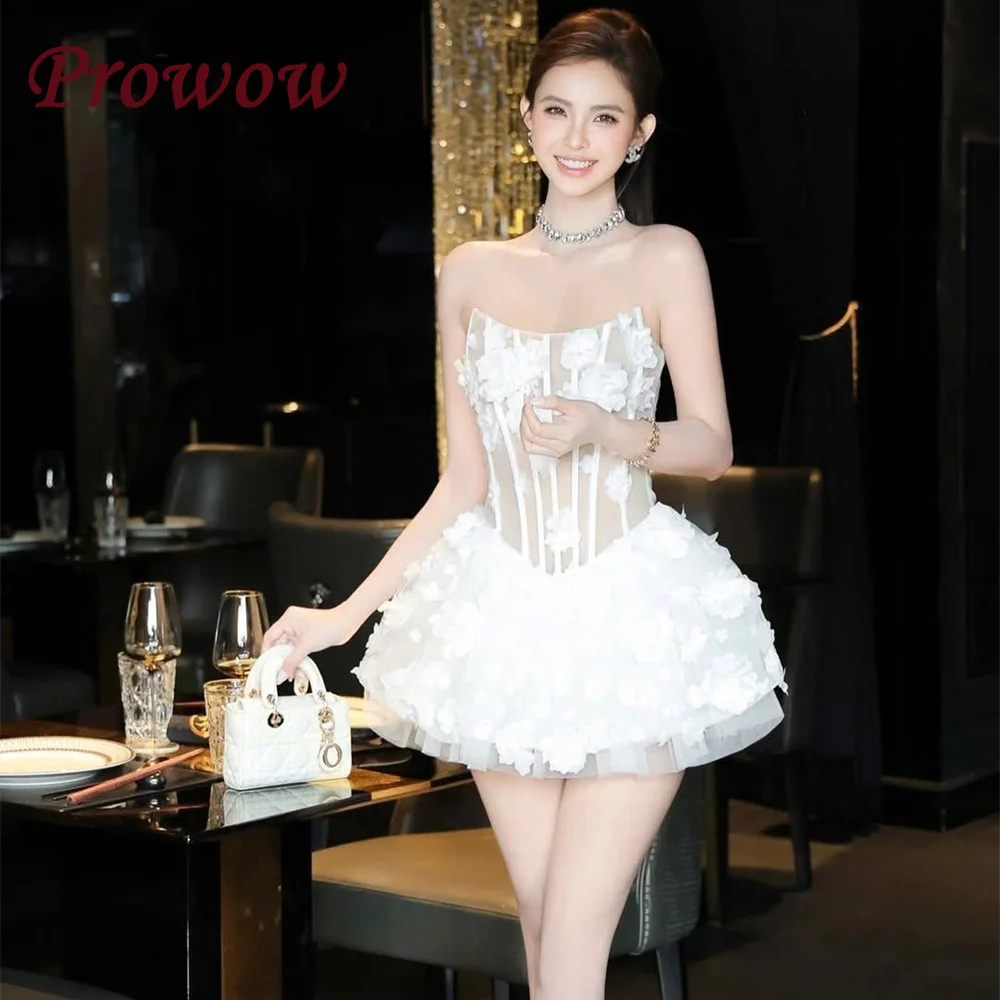 

Prowow Sexy 3D Flowers Puffy Short Cocktail Prom Dresses Scoop Neck Mini Summer Beach Gowns Customized A Line Lace-up Back