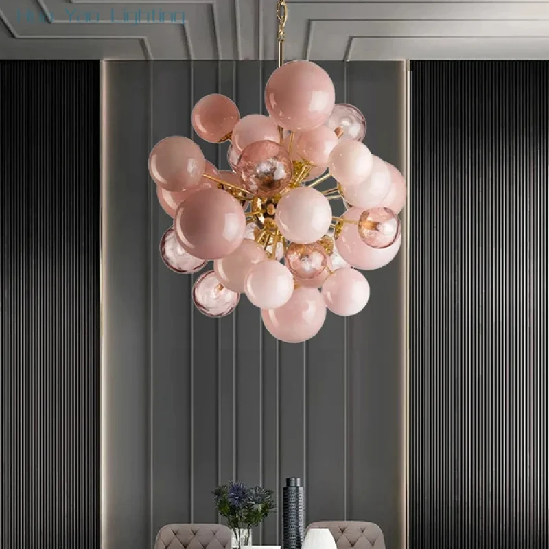 

NEW Art Deco Pink Bubbles Glass Chandeliers Light Lobby Modern Designer Hanging Light for Ceiling Trendy Home Pendant Led Lamp