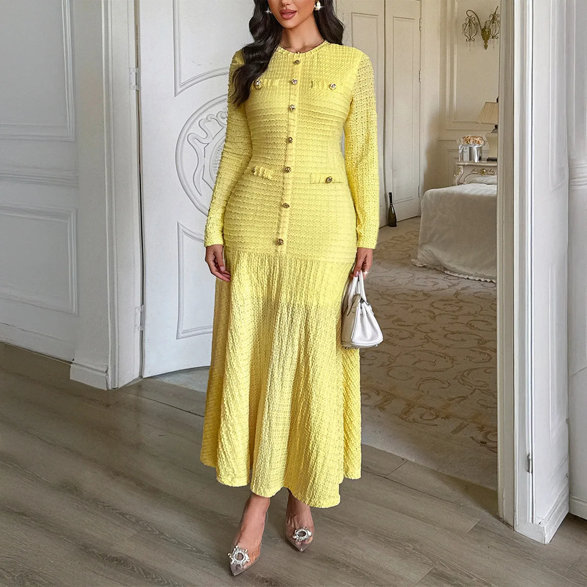 

Women's Dress New Fashion Style Solid Color Hollow Out Round Neck Long Sleeved Slim Fit A-Line Dress Ladies Robe Party Dresses