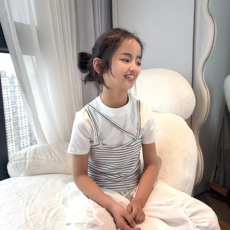 

2025 Summer Dress New Girl's Minimally Designed Striped Fake Two piece Cotton Short Sleeved Top