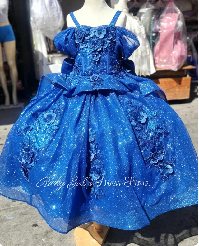 Off Shoulder Flower Girl Dresses For Wedding Toddlers Appliqued Tulle Princess Pageant Dress Bow Customized Birthday Ball Gown