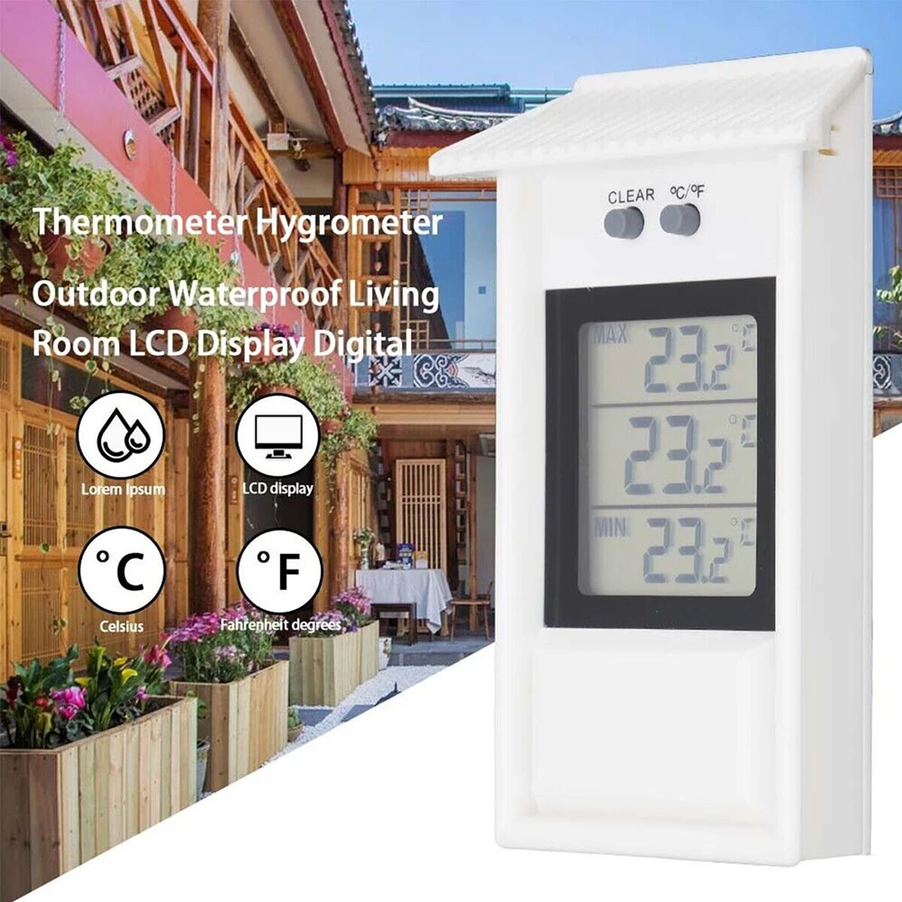 

Digital Thermometer LCD Display Max Min Greenhouse Garden Indoor Outdoor Wall Room Waterproof Wall Mounted Thermometer