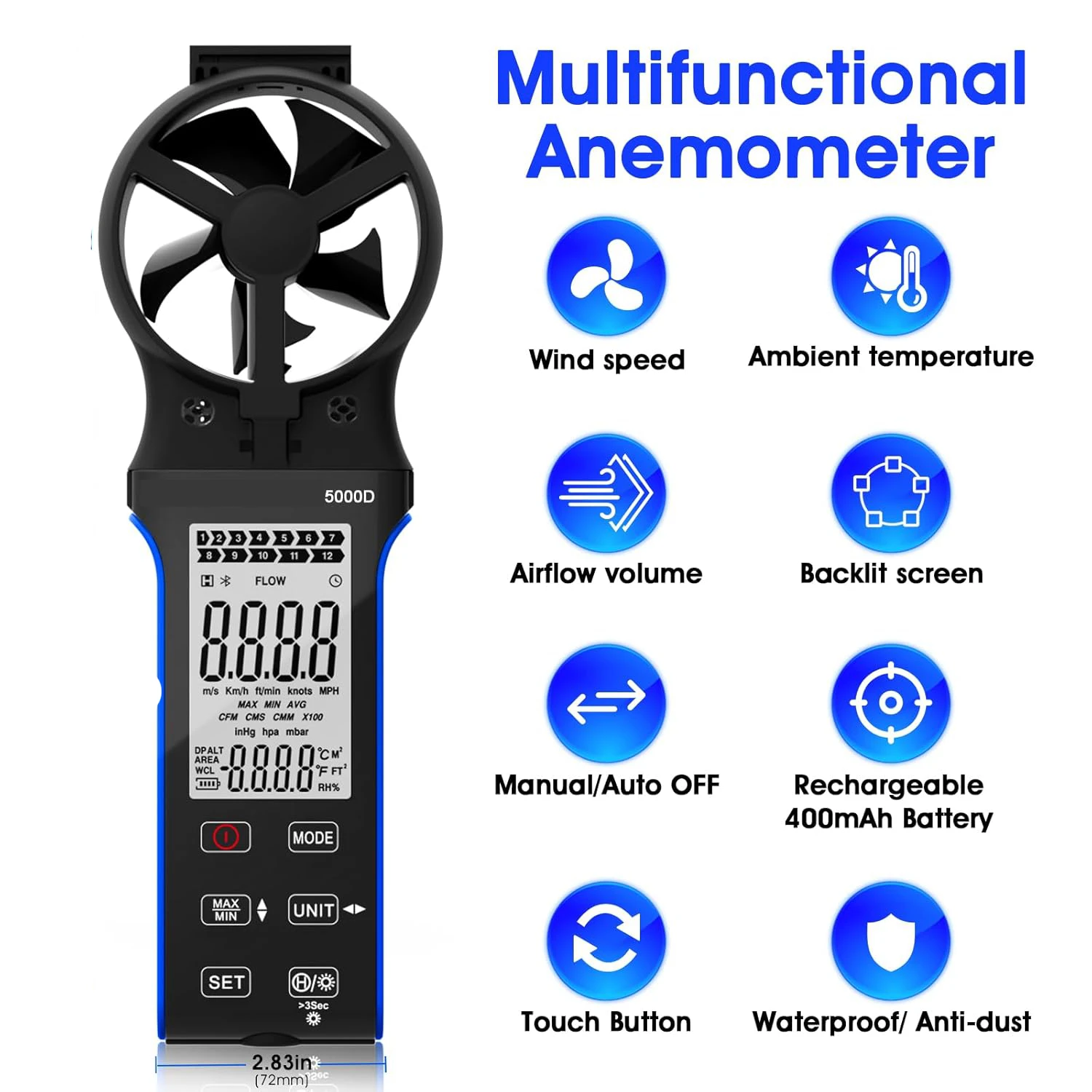 HP-5000D draagbare windsnelheidsmeter, waterdichte anemometer met aanraakknoppen, CFM en luchtsnelheidsmeetapparaat voor nauwkeurig