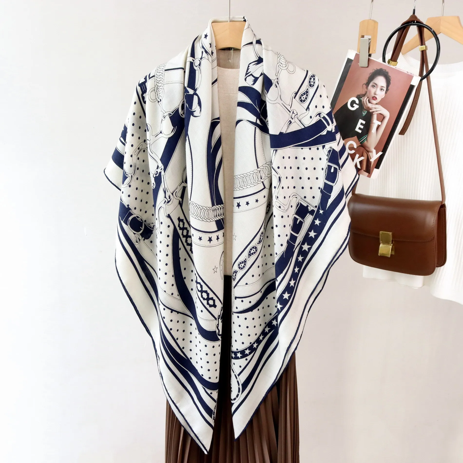 Winter Silk Wool Scarf 135cm Square Shawl Head Neck Wrap Hand Rolled Edges Bandanas Women Pashmina Christmas Gift