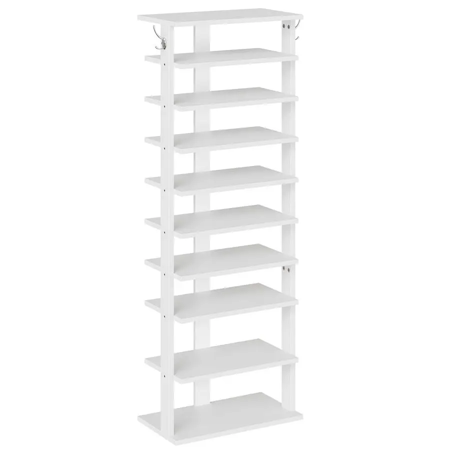 10 Tiers Vertical Shoe Rack, Wooden Shoe Storage Organizer with Hooks, Narrow Shoe Tower for 20 Pairs, Space Saving, for Entrywa