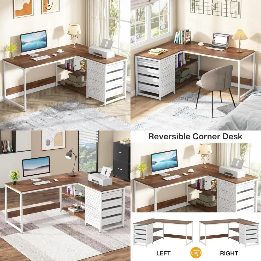 

L-Shaped Computer Desk with Storage Drawers, 59 Inch Corner Desk, Reversible Office Desk with Shelves for Study
