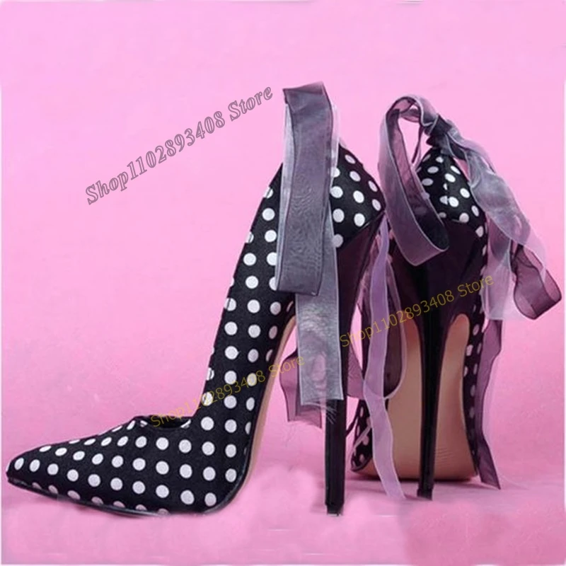 Mixed Color Dot Print Bow Pumps Back Mesh Butterfly Knot Thin High Heel Pointed Toe Women Shoes 2023 Sexy Zapatos Para Mujere