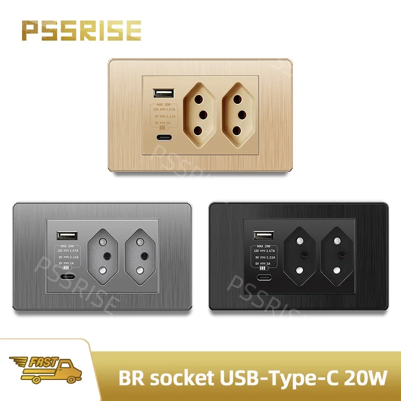 

PSSRISE Brazil PC Brushed Panel Integrated Electrical Socket Standard Outlet USB Type C Outlet Plug Wall Socket 3.1A Fast Charge