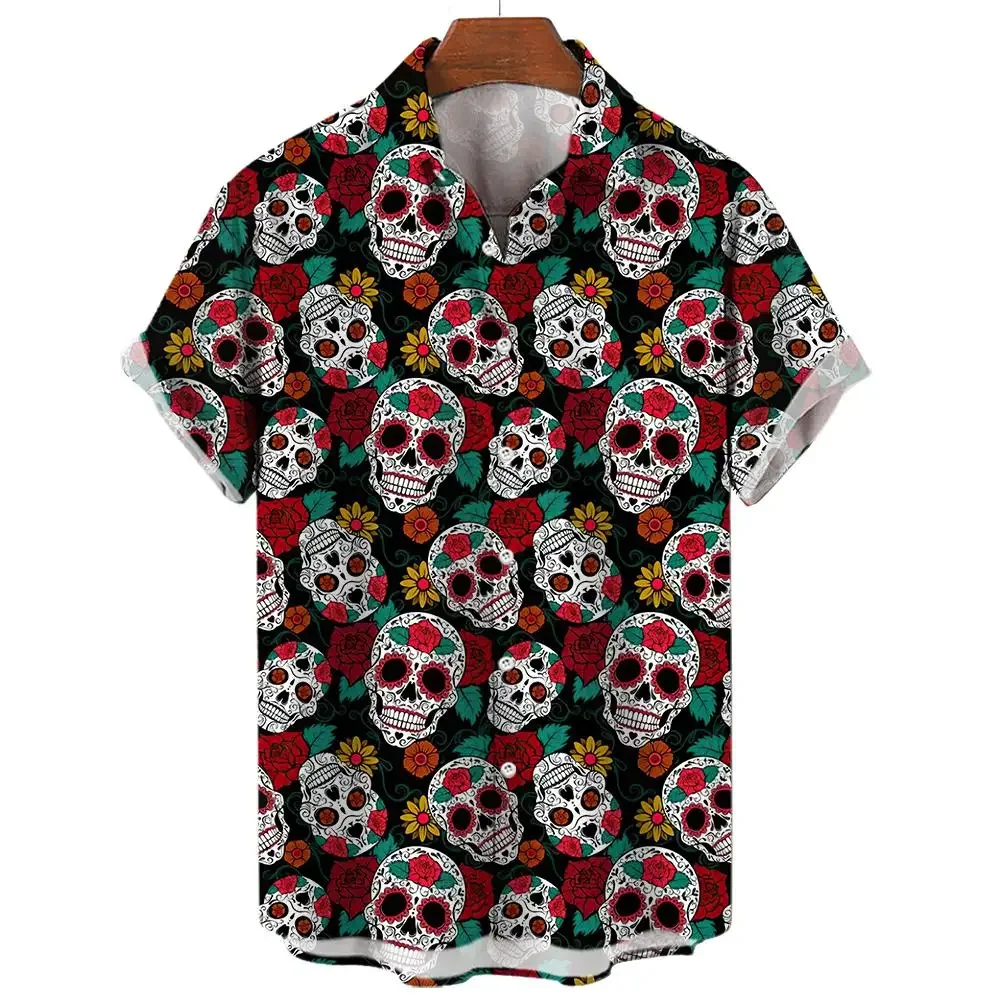 Rose Skull Print Shirt Men's Short Sleeve Shirt Summer Street Fashion Tops Men's Casual Oversized Shirt Size S-5XL