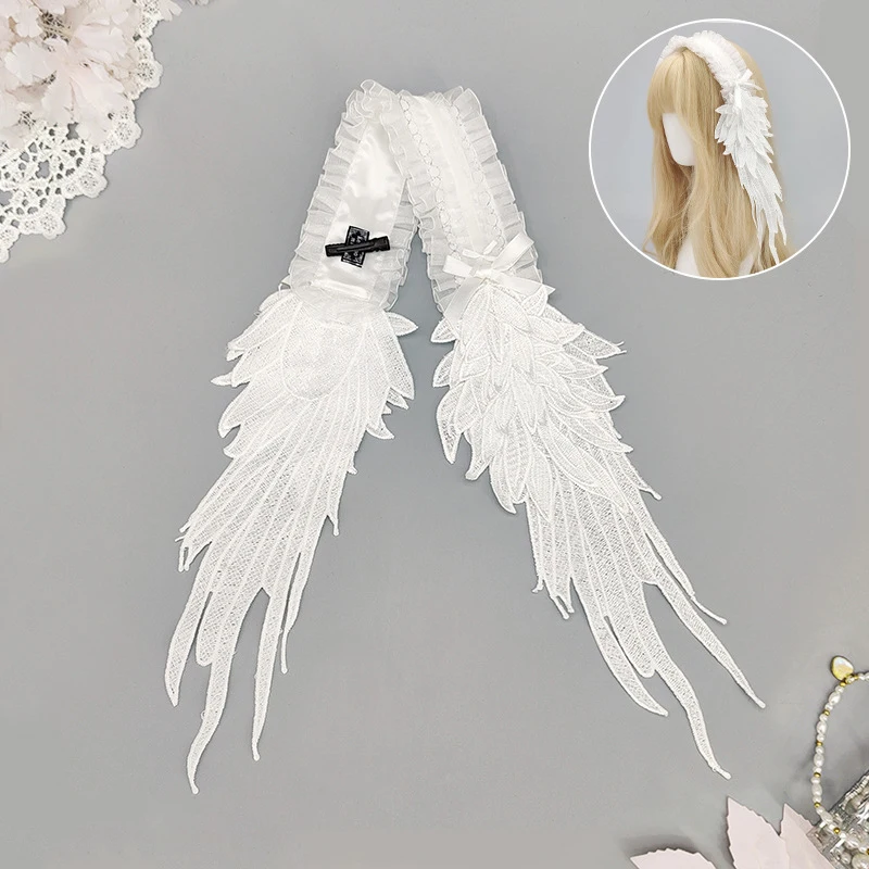 Gothic Lolita Haarschmuck Engelsflügel Spitze Kopfschmuck Schwarz Weiß Lolita Flügel Haarband Cosplay Halloween Party Requisiten Kopfschmuck – Detail 4