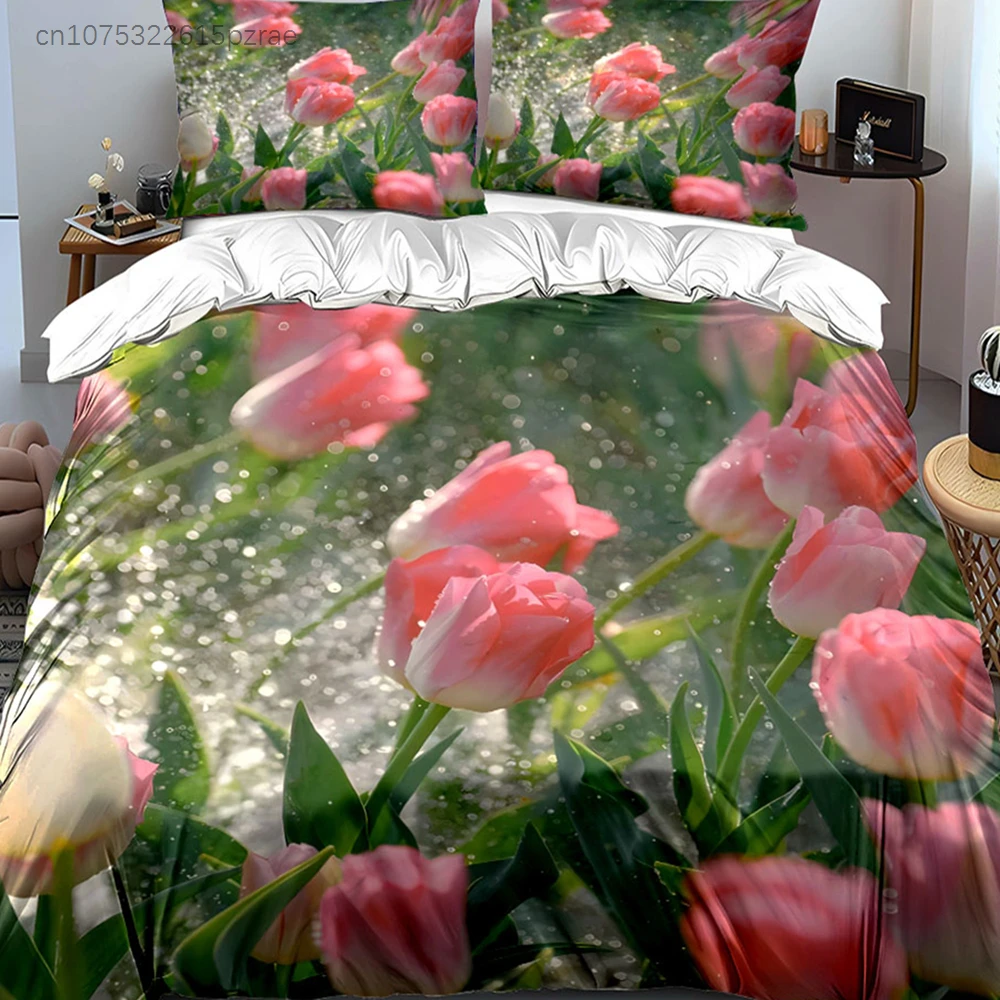 Pink Tulip Garden Decor Set Multiple Sizes kid's And adults' Bedroom Exquisite 3PC Bedding set, Gift
