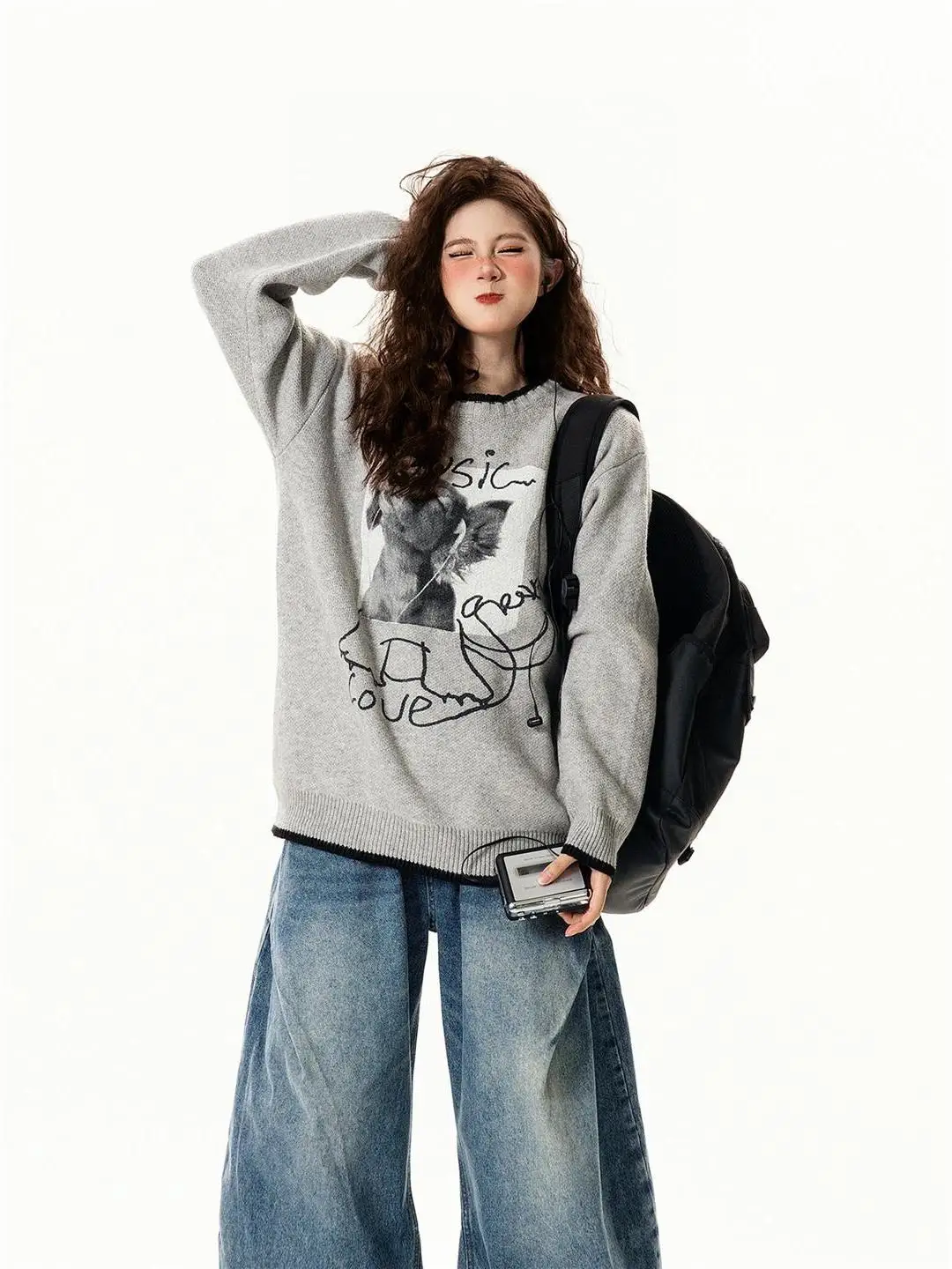 

Свитер унисекс в американском ретро-стиле с узором в виде собаки, свободного кроя, для осени и зимы, повседневный, универсальный