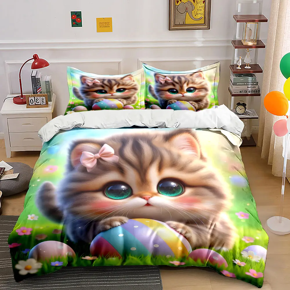 Kitten with colorful eggs on grassy flower Duvet Cover Set with 3D Printing Design Soft Polyester Bedding Set All-Season Comfort