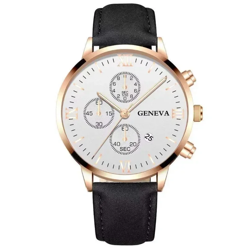 New Geneva Leisure Business Men\'s Watch Fashion Three Eyes Quartz Watches Leather Strap Waterproof Gentleman Wristwatch