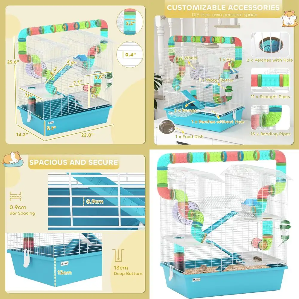 

4-х уровневая клетка для хомяка, большая клетка для Gebril с двойной башней и колесом для упражнений, трубками, хаками, рампой, блюдом для еды, бутылкой для воды, 22,8 дюйма