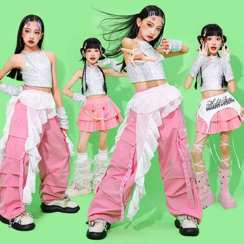 

Новый костюм для джазового танца для девочек, розовые брюки в стиле хип-хоп, серебряный укороченный топ, детский сценический наряд Kpop, модный костюм, одежда для уличных танцев AMY2389